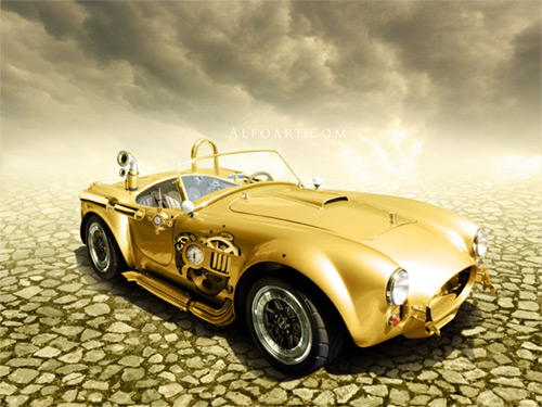 Steampunk golden car - alfoart.com